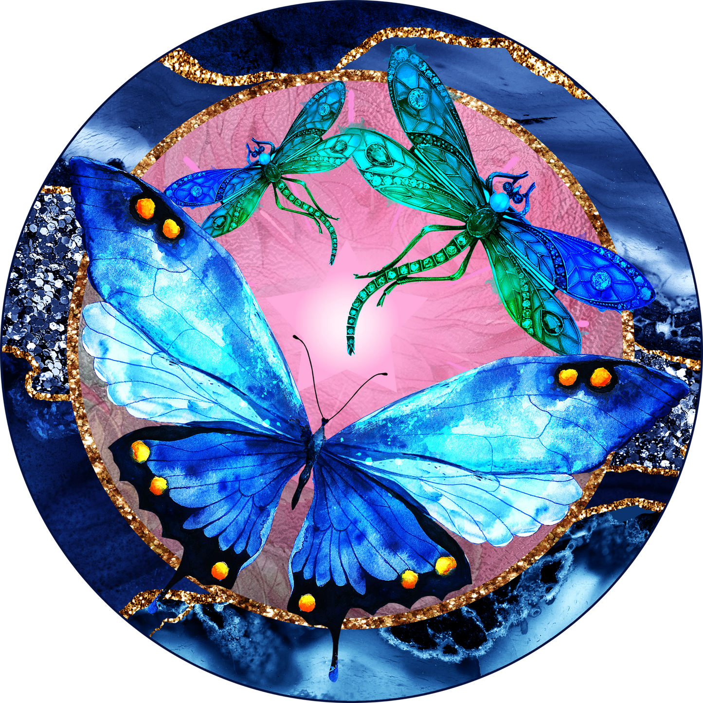 Butterfly Dragon Flies Navy Blues Stained Glass Round
