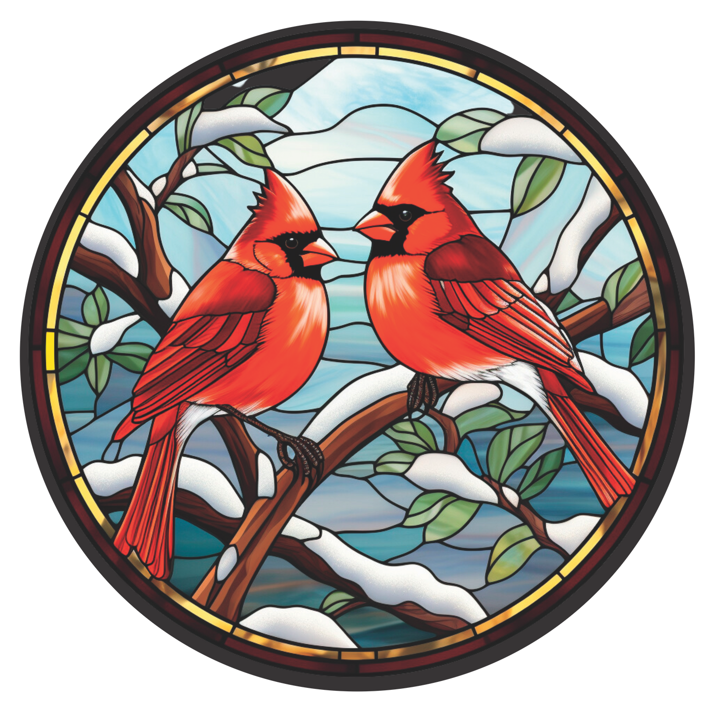 Cardinals on a Snowy Branch in Stained Glass Round
