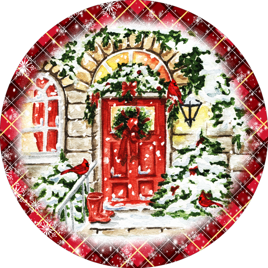 Christmas house red door wreath Sign Round