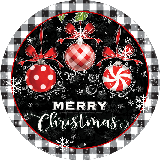 White and Black Merry Christmas with Ornaments wreath Sign Round