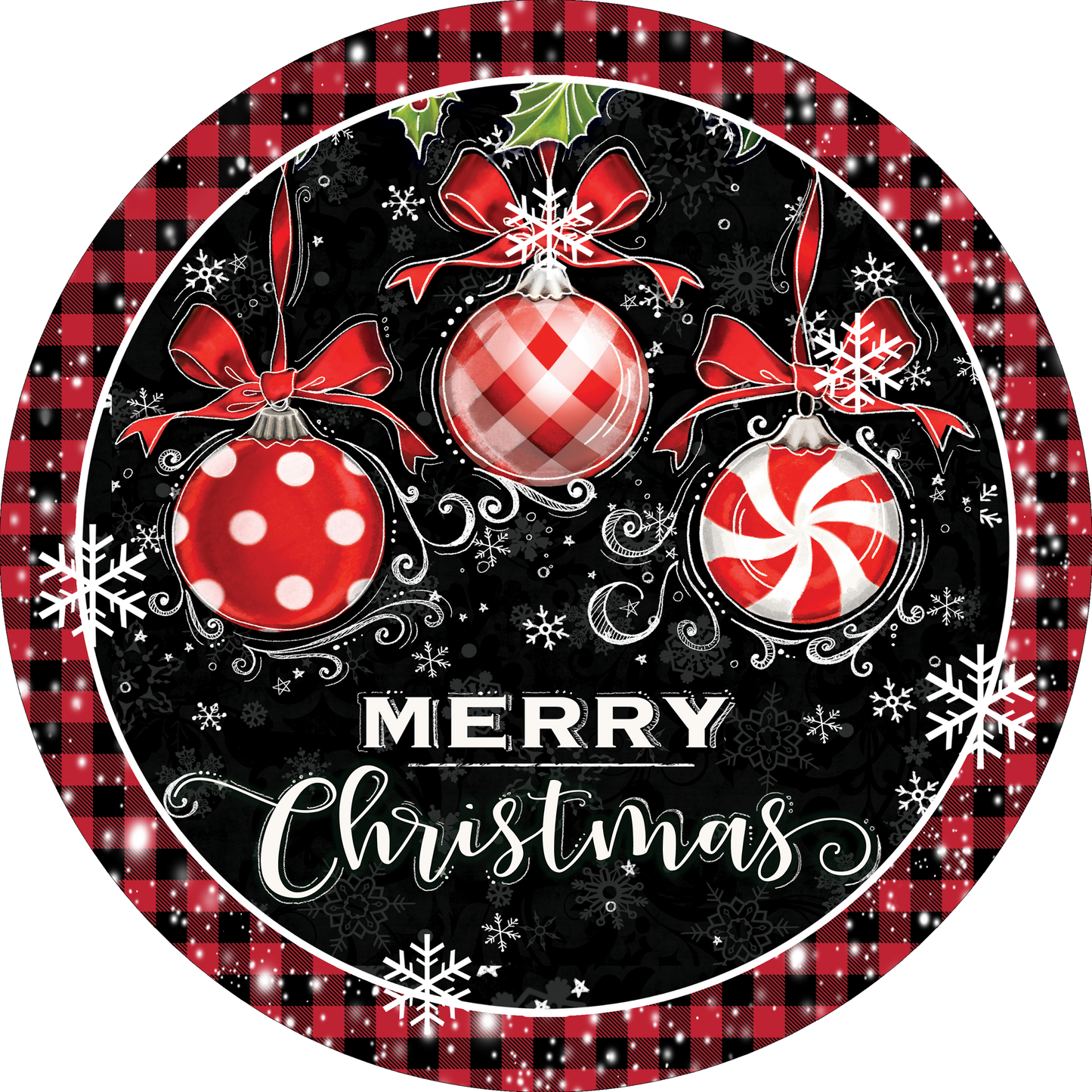 Red and Black Merry Christmas with Ornaments wreath Sign Round