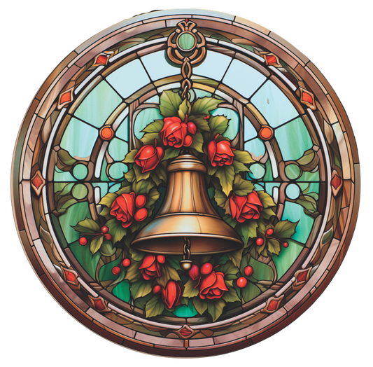 Christmas Bell in Silver and Mint Stained Glass Round Sign