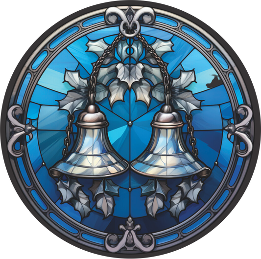 Christmas Bells in Blue and Platinum in Stained Glass Round Sign