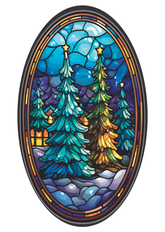 Christmas Trees at Night in Stained Glass Oval