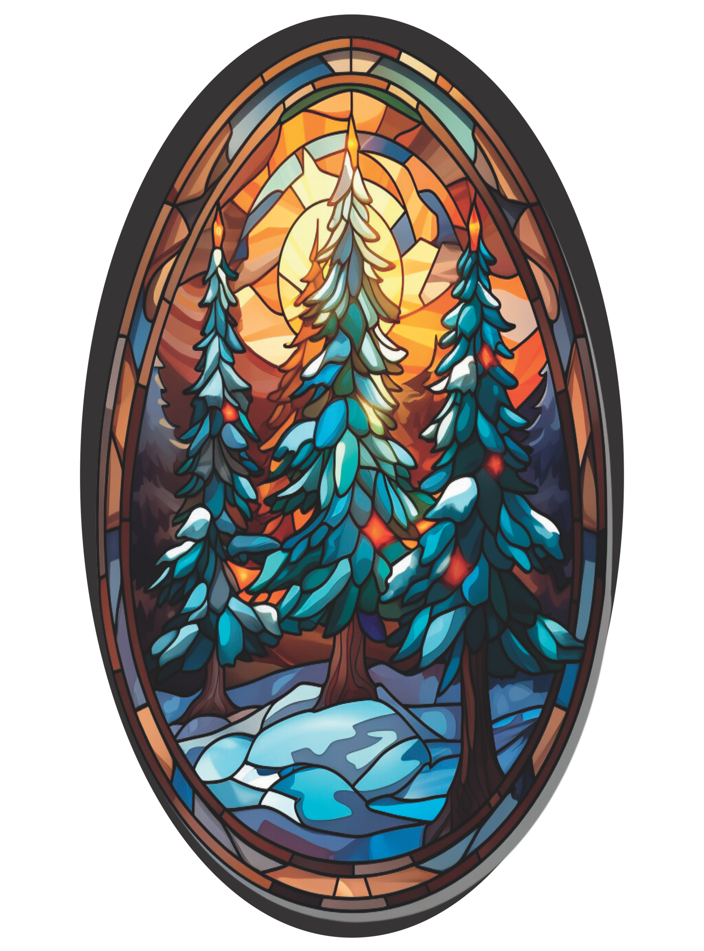 Christmas Trees at Sunset in Stained Glass Oval