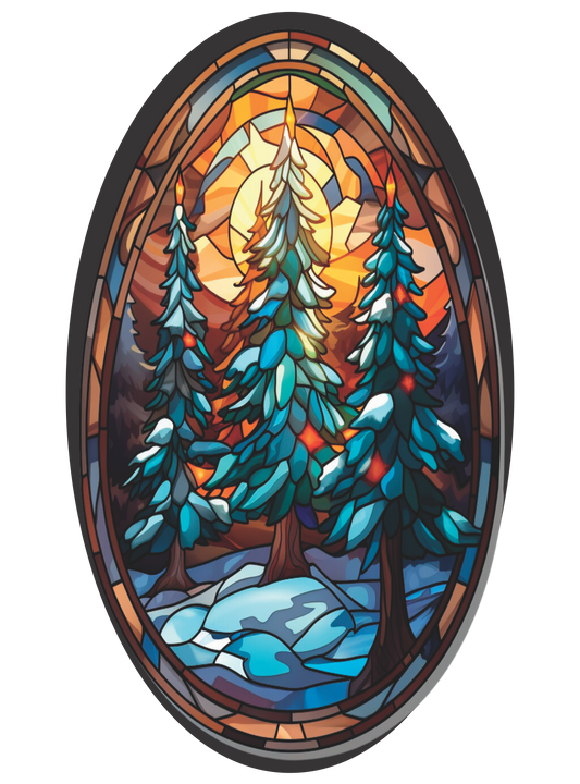 Christmas Trees at Sunset in Stained Glass Oval