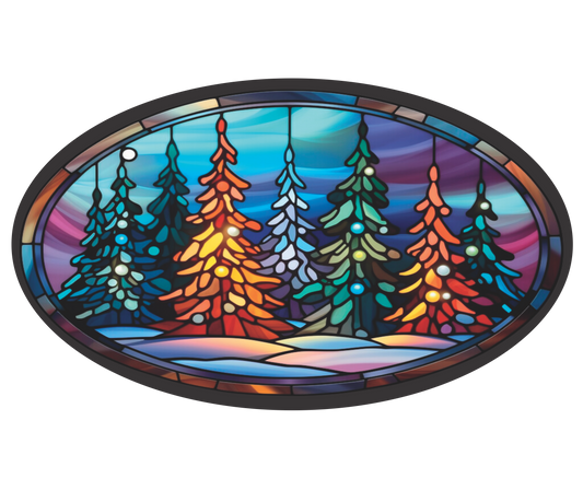 Christmas Tree Scene in Stained Glass Oval