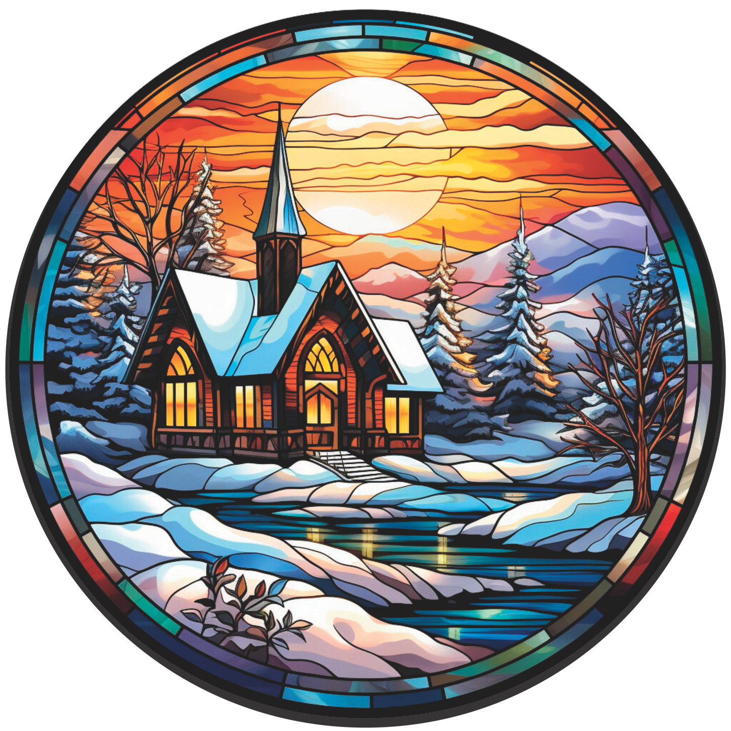 Church at Sunset in Faux Stained Glass Round