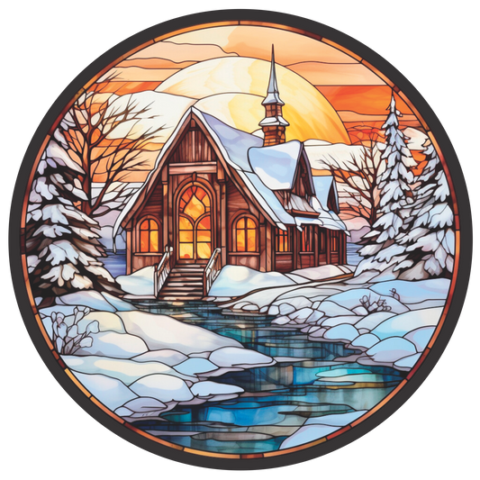 Church in Snow Frames by the Sunset Faux Stained Glass Round