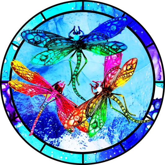 Colorful Dragonfly Swarm Stained Glass Round