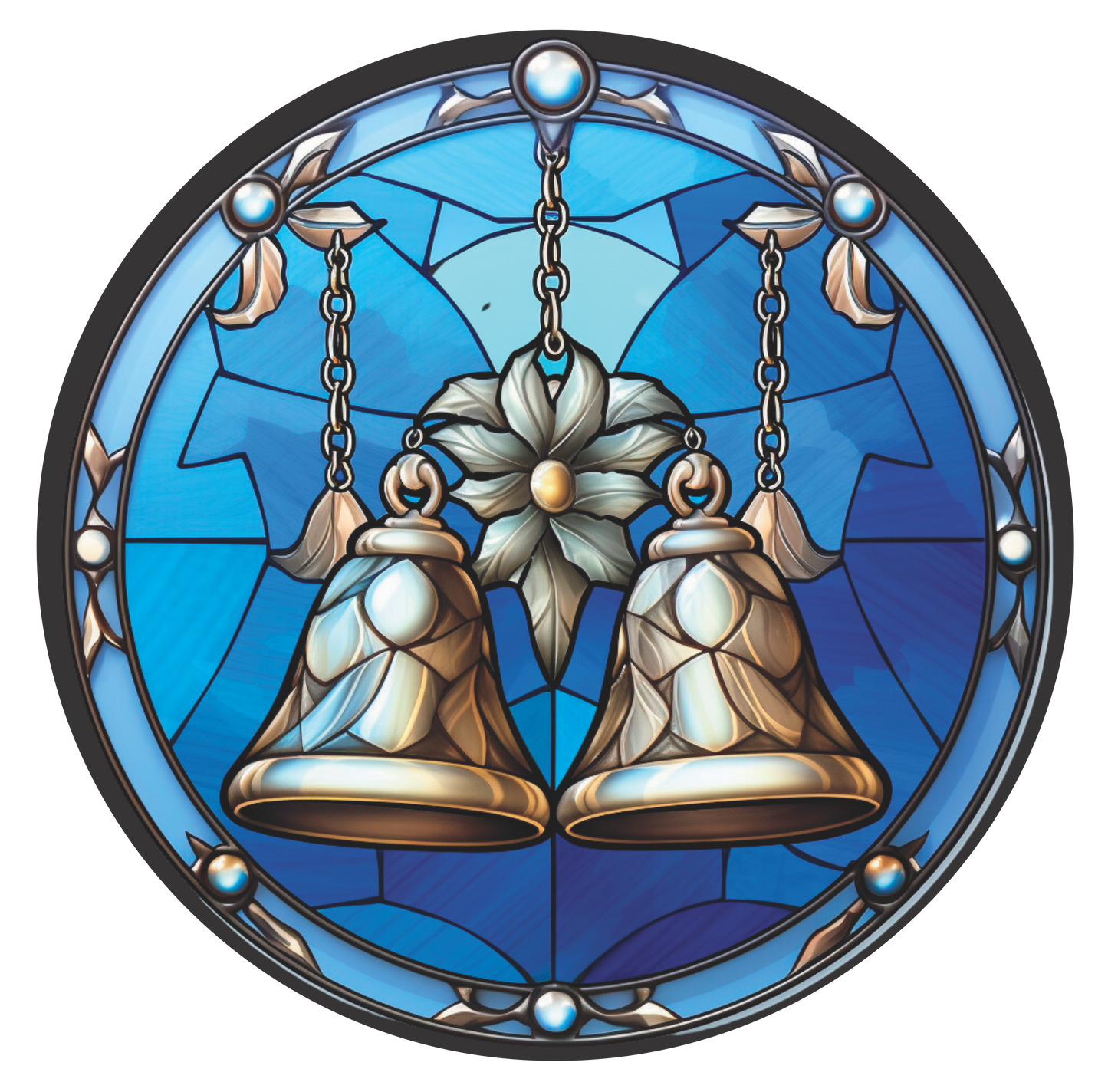 Copper and Silver Christmas Bells in Blue Stained Glass Round Sign