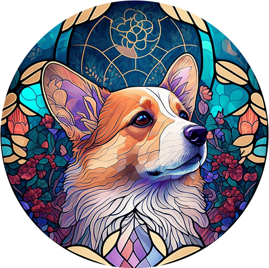 Corgi Stained Glass Look Wreath Sign Round
