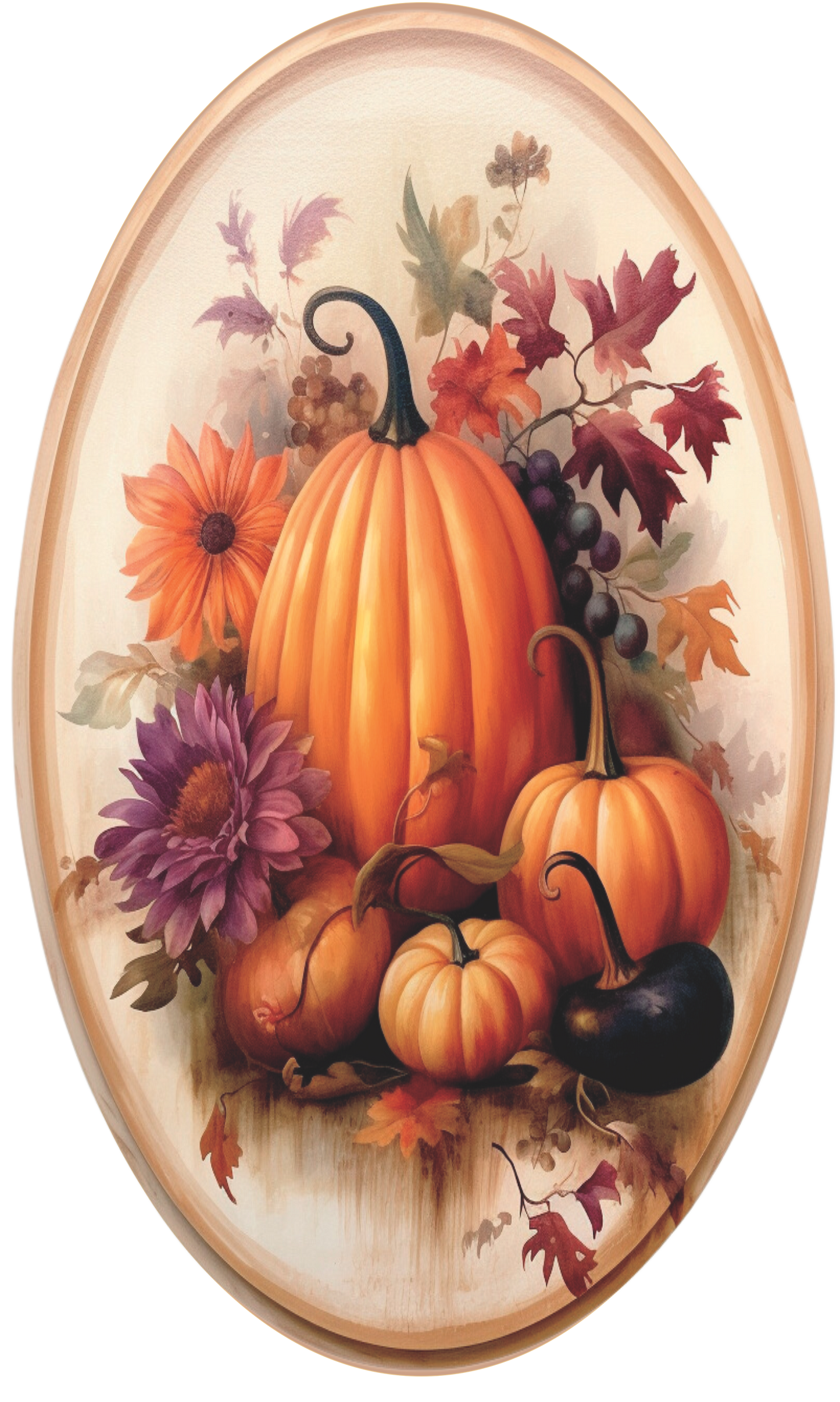 Cream orange, moss and burgundy fall pumpkin and leaves Oval Sign