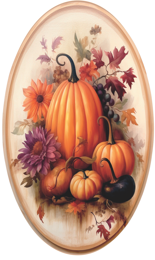 Cream orange, moss and burgundy fall pumpkin and leaves Oval Sign