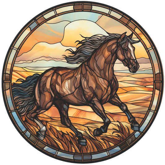Dark Brown Horse at Sunset Stained Glass Round Sign