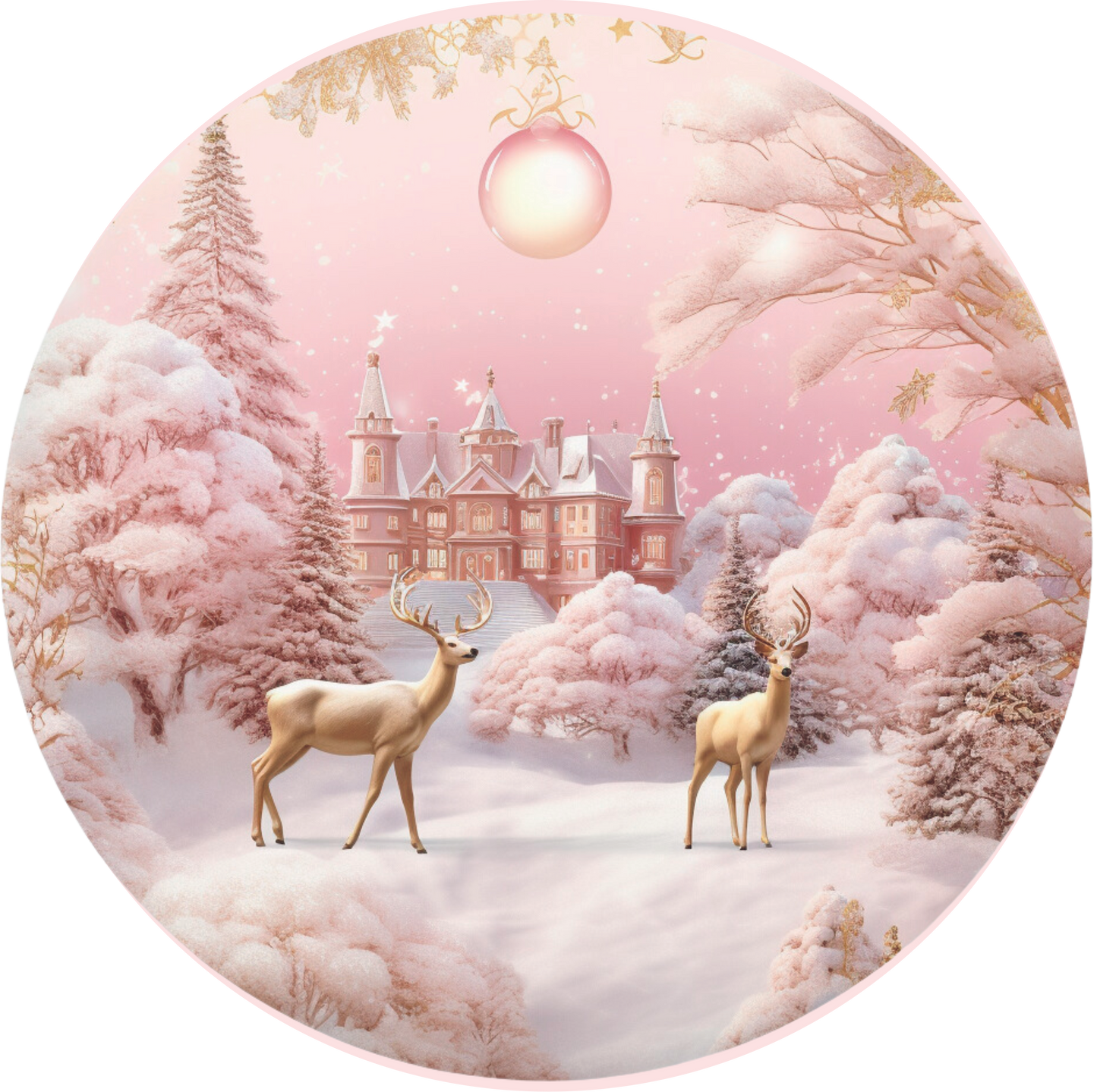 Deer in the Snow Pink and Gold Christmas Round