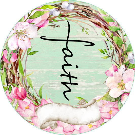 Faith Pink and Mint Wreath Sign Round