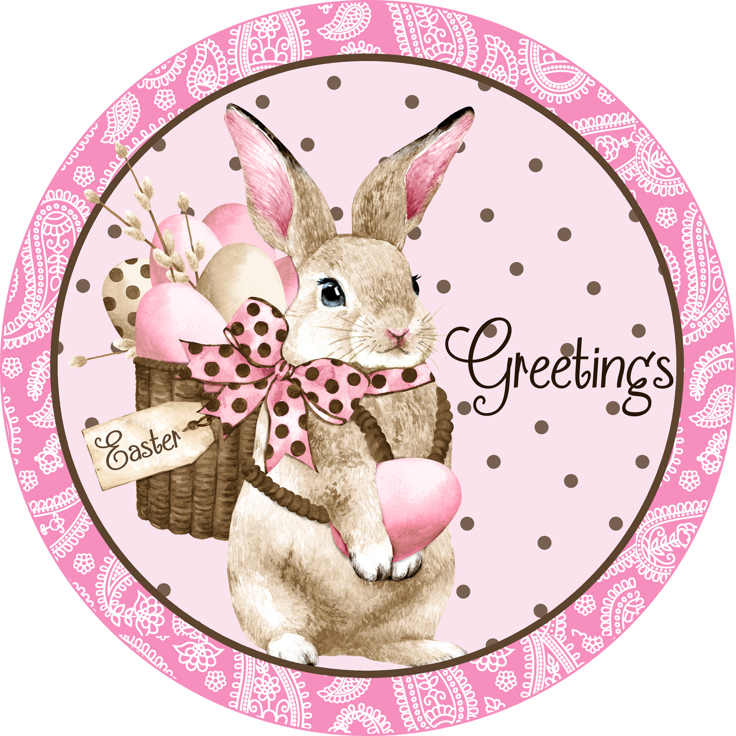 Easter Bunny Greetings Brown Dots Round