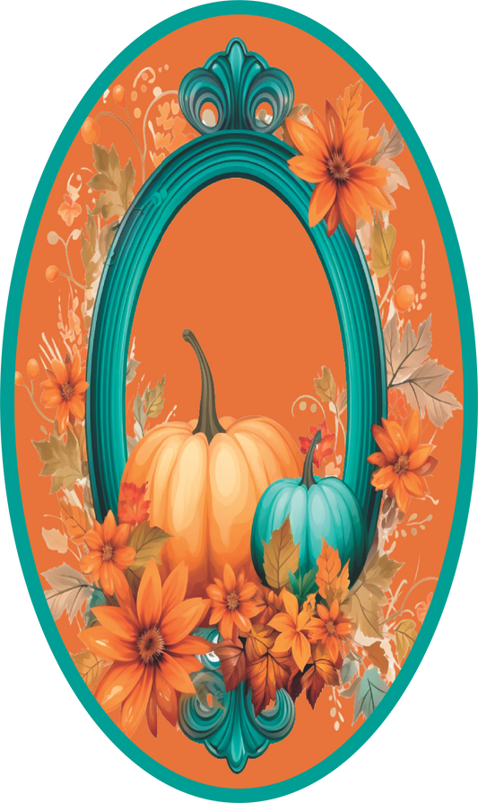 Teal frame with Orange and teal Fall Pumpkins Oval Sign
