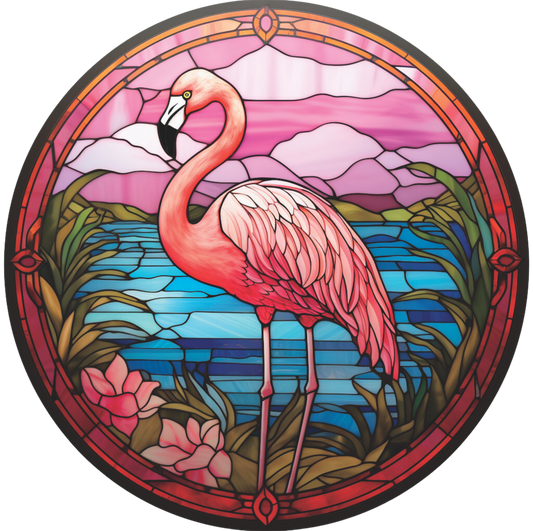 Flamingo in Front of Water in Stained Glass Round Sign