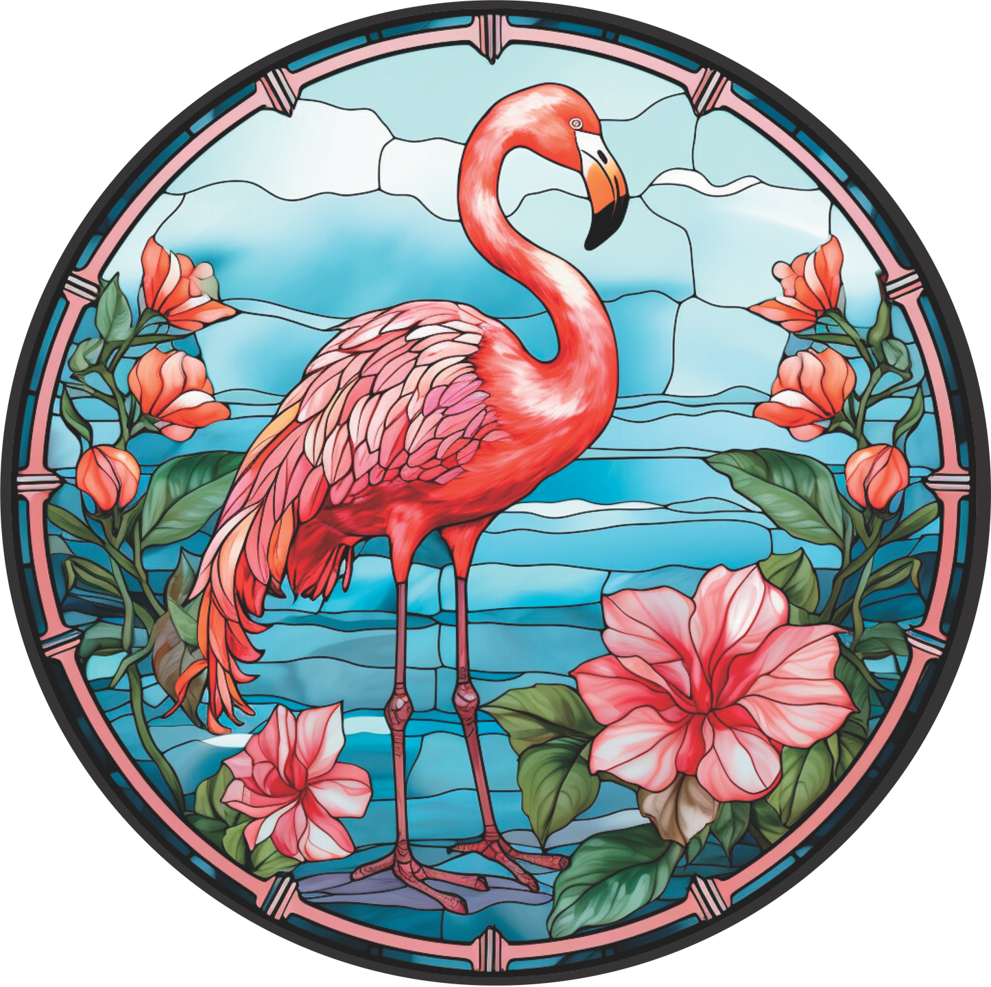 Flamingo with Hibiscus Flowers on Stained Glass Round Sign