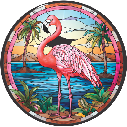 Flamingo with Palm Trees in Stained Glass Round Sign
