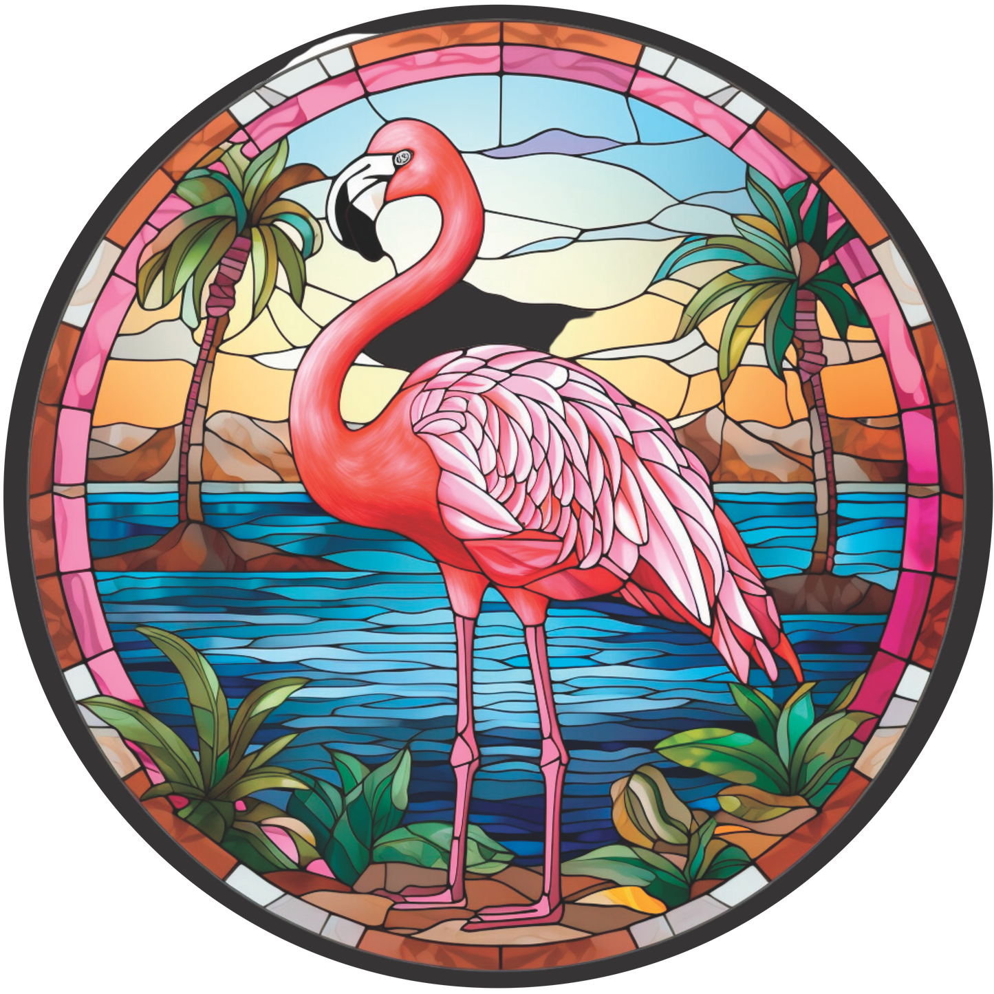 Flamingo with Palm Trees in Stained Glass Round Sign