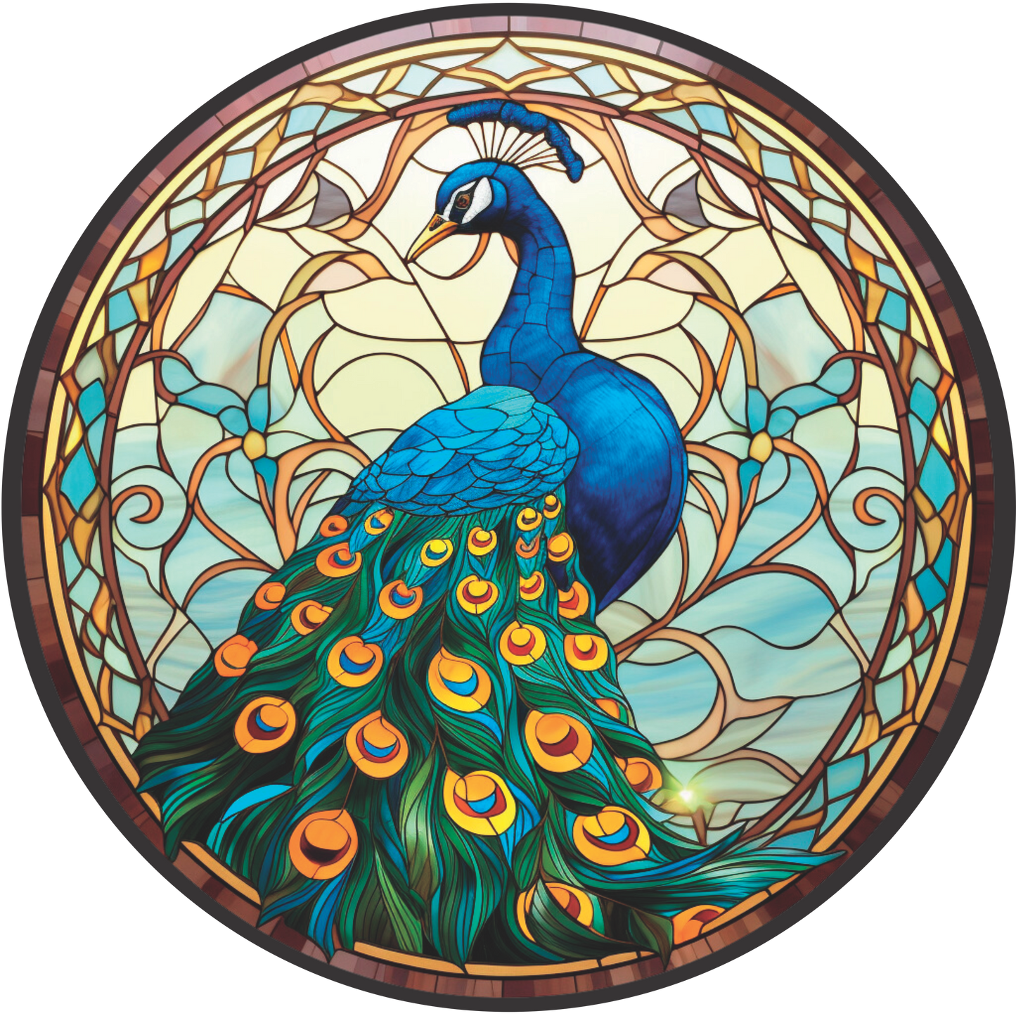 Framed Peacock Teal Feathers Stained Glass Wreath Sign Round