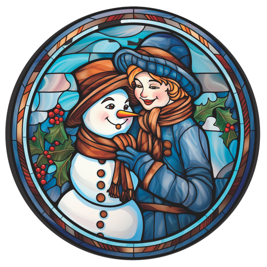 Girl and Snowman in Winter Stained Glass Round Sign