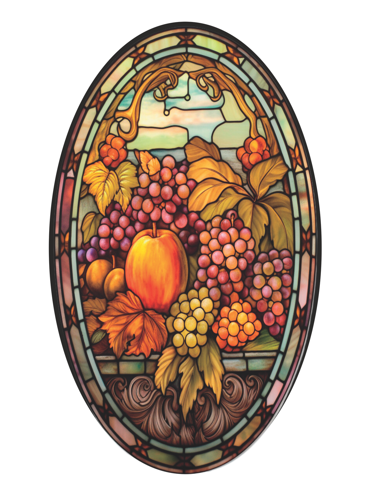 Grapes pumpkins and leaves in mauve faux stained glass Oval Sign