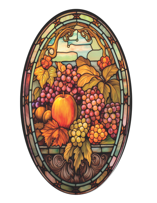 Grapes pumpkins and leaves in mauve faux stained glass Oval Sign