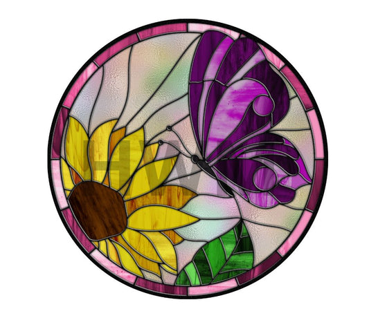 Butterfly Sunflower stained glass Round