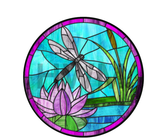 Lotus and dragonfly Purple and Turq stained glass Round