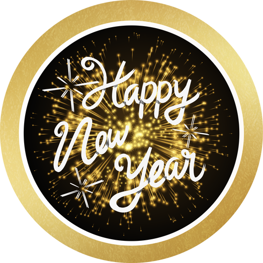 Black and Gold Happy New Years wreath Sign Round