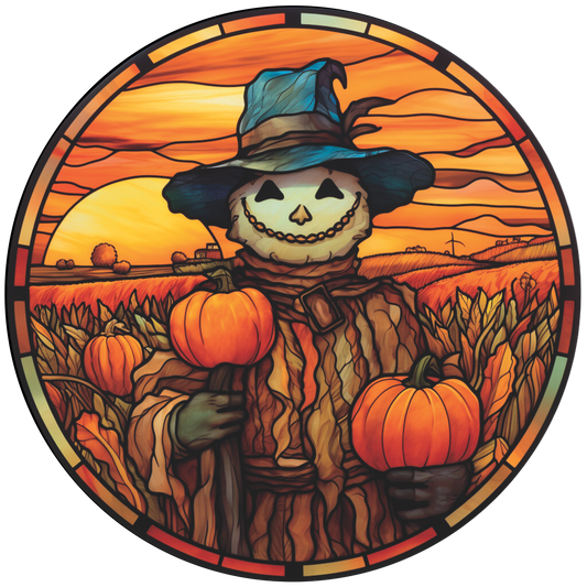 Happy Scarecrow at sunset Faux Stained Glass Wreath Sign Round