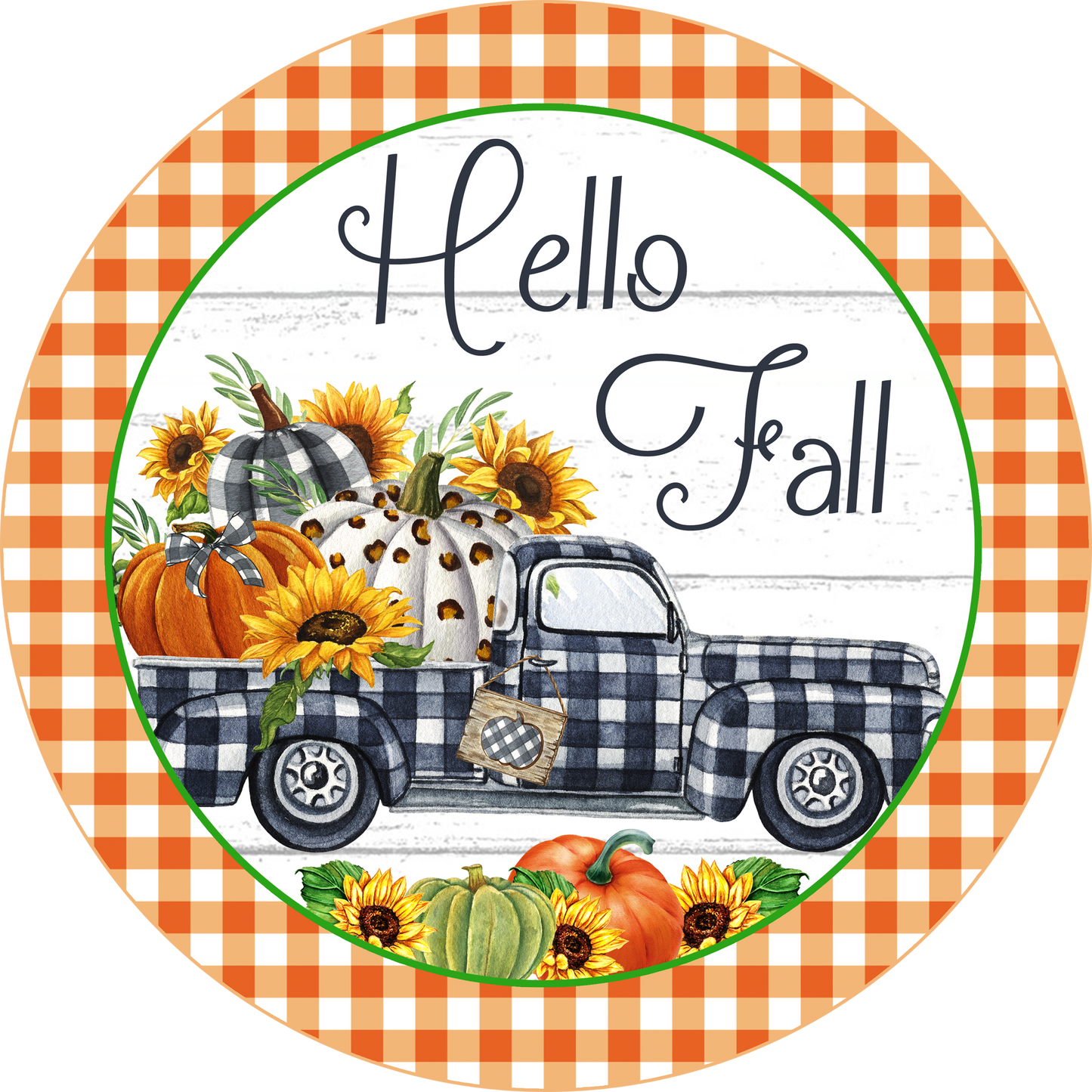 Hello Fall Pumpkin Truck buffalo plaid Round