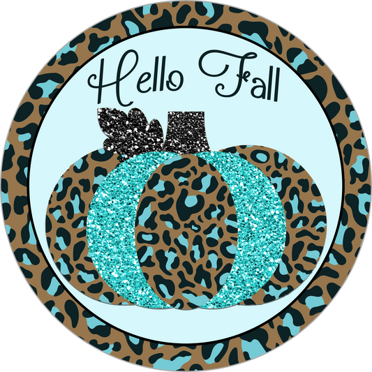 Hello Fall Brown Teal Leopard Pumpkin