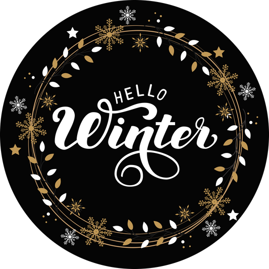 Hello Winter Black, Gold and White wreath Sign Round