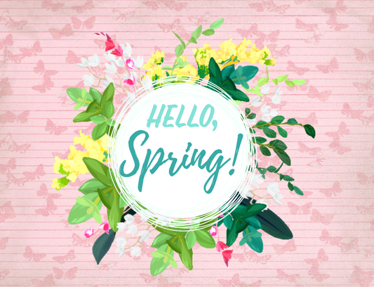 Hello Spring wreath pink background sign