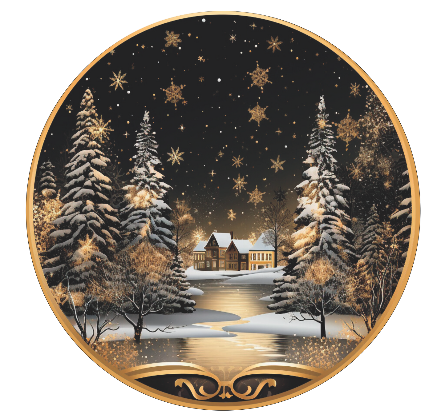 House in Snow with gold at the bottom in black and gold wreath Sign Round