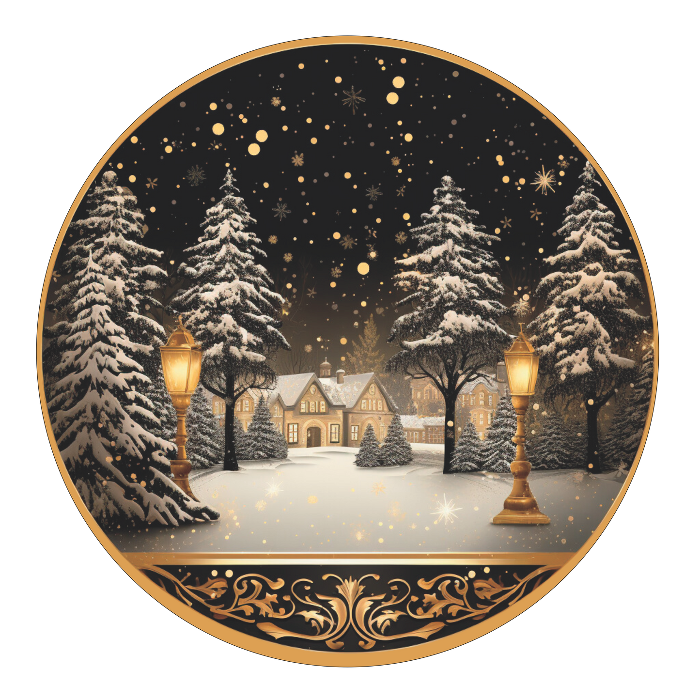 House in Snow with golden lanterns in black and gold wreath Sign Round