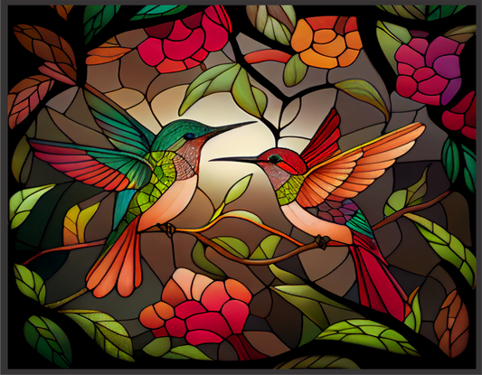 Hummingbirds in Peach and Green Stained Glass Look Sign 9x7