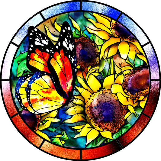 Monarch Butterfly Sunflowers Stained Glass Round