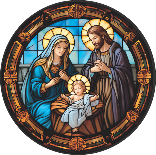 Mary Joseph and Jesus Framed in Light in Stained Glass Round Sign