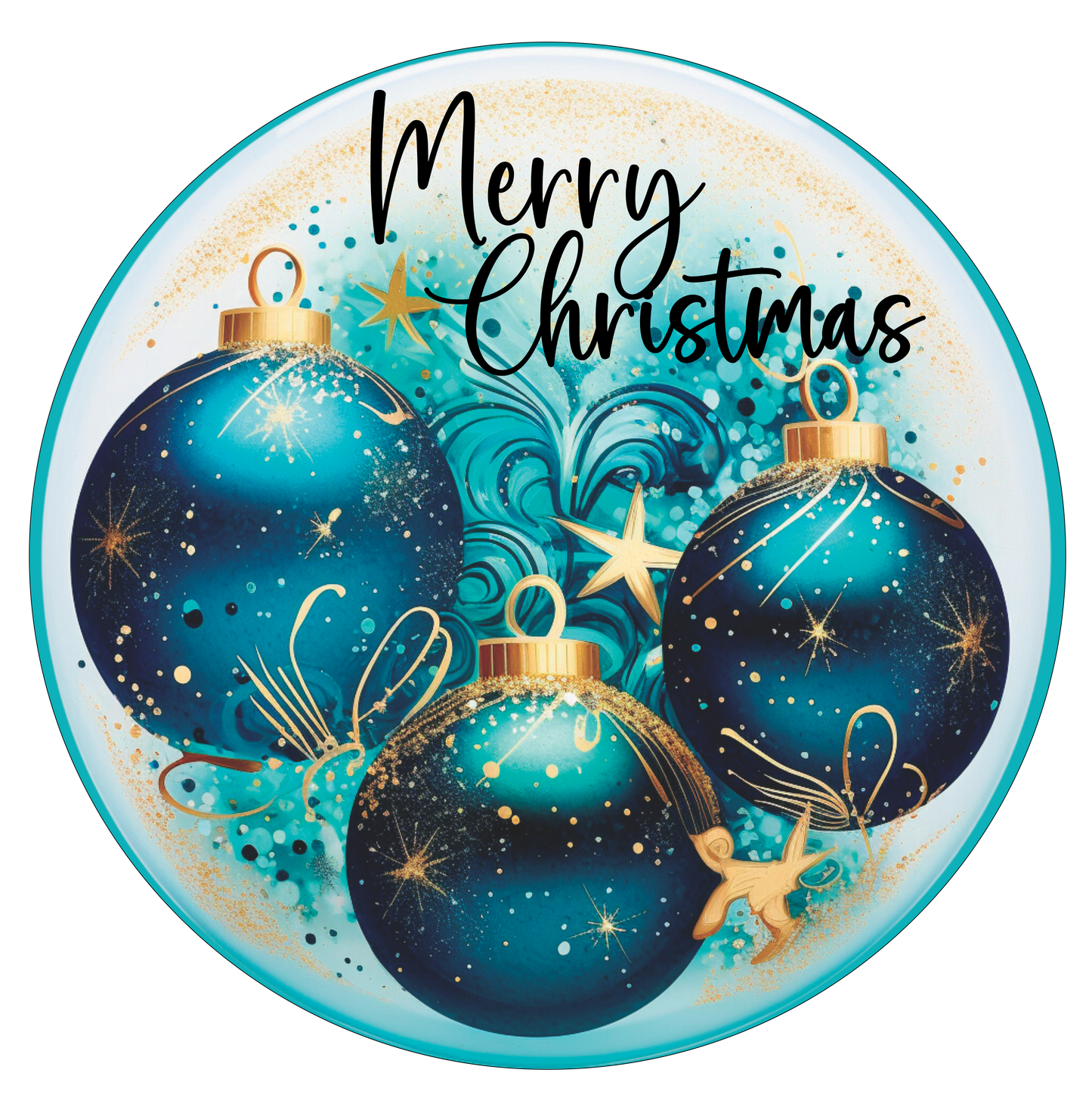 Merry Christmas ornaments in Blue and gold with a hint of teal wreath Sign Round