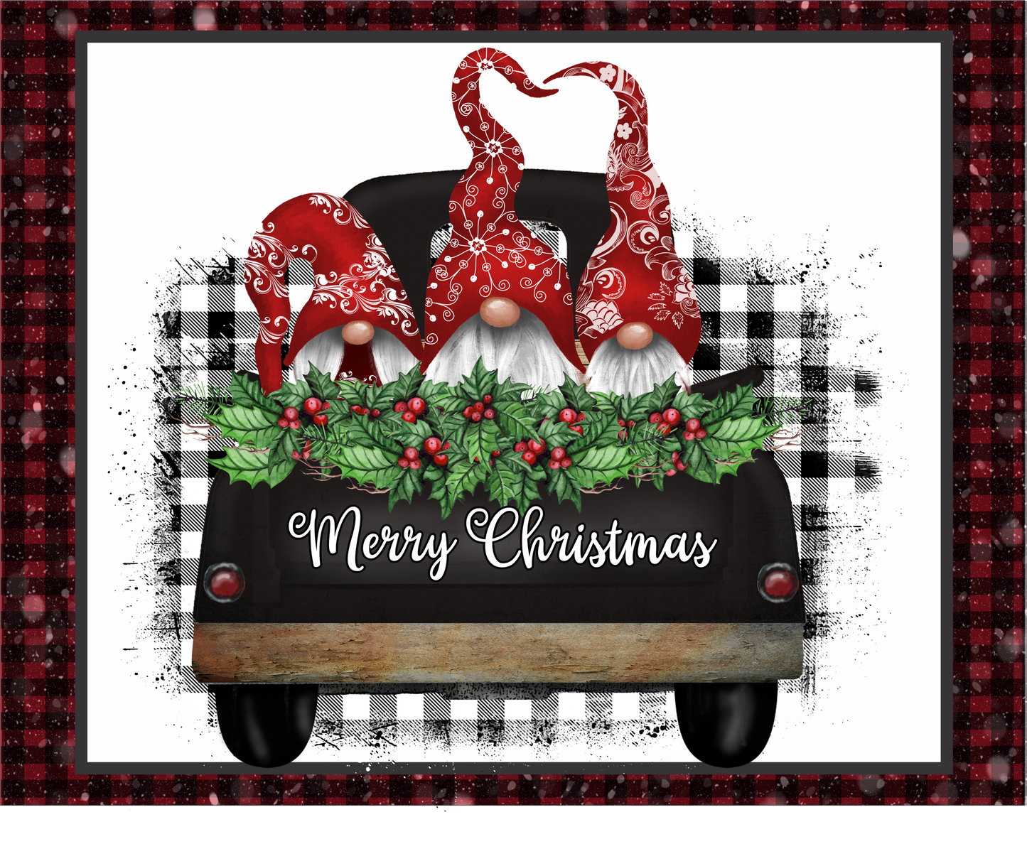 Merry Christmas Red, White and Black with Gnomes in Truck sign