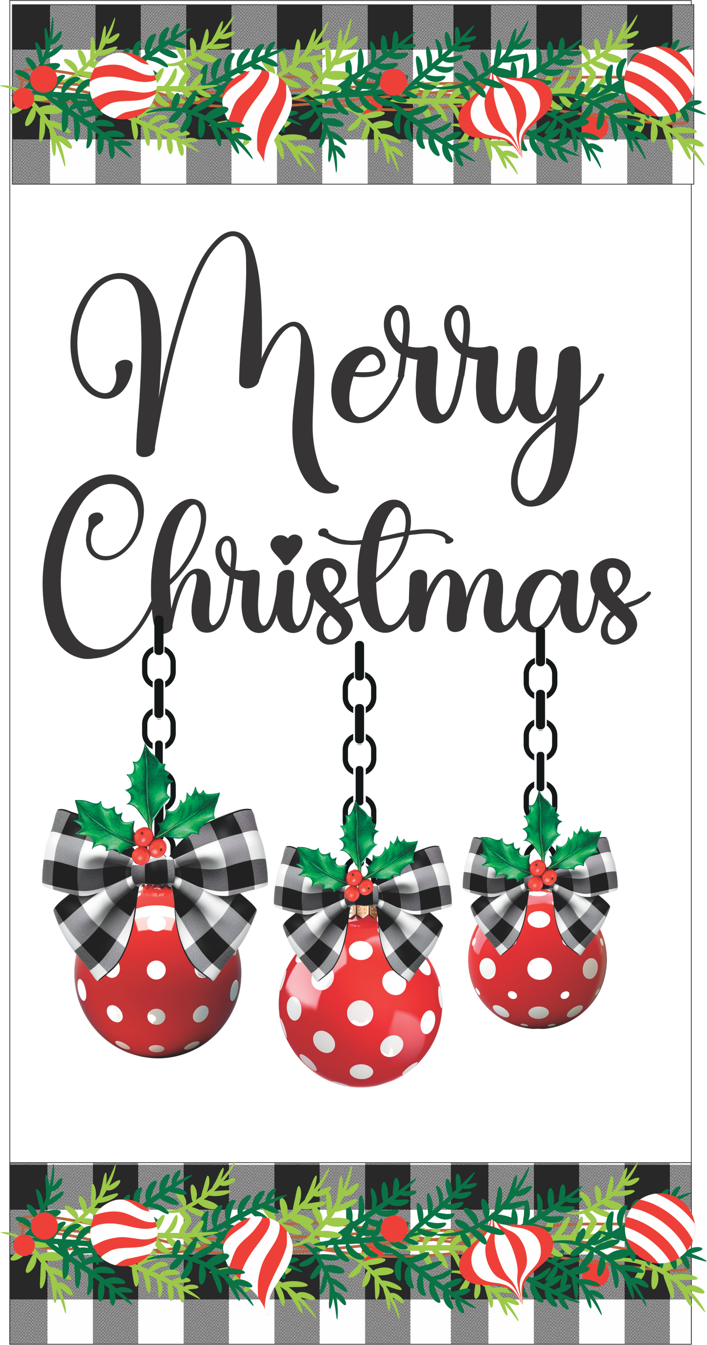 Merry Christmas Black and white with ornaments Sign 6x12