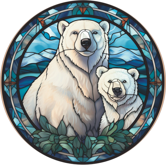 Mom and Baby Polar Bear in Ice Colors Stained Glass Round Sign