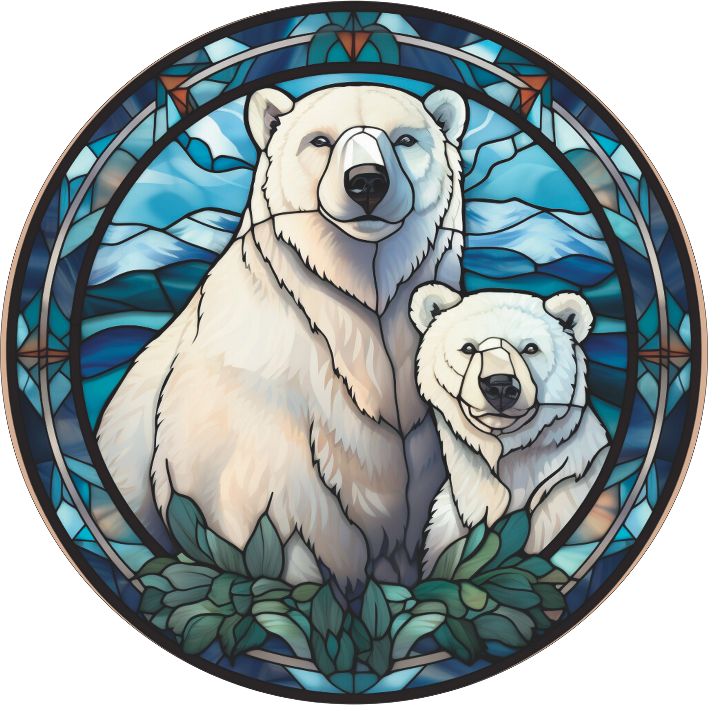 Mom and Baby Polar Bear in Ice Colors Stained Glass Round Sign