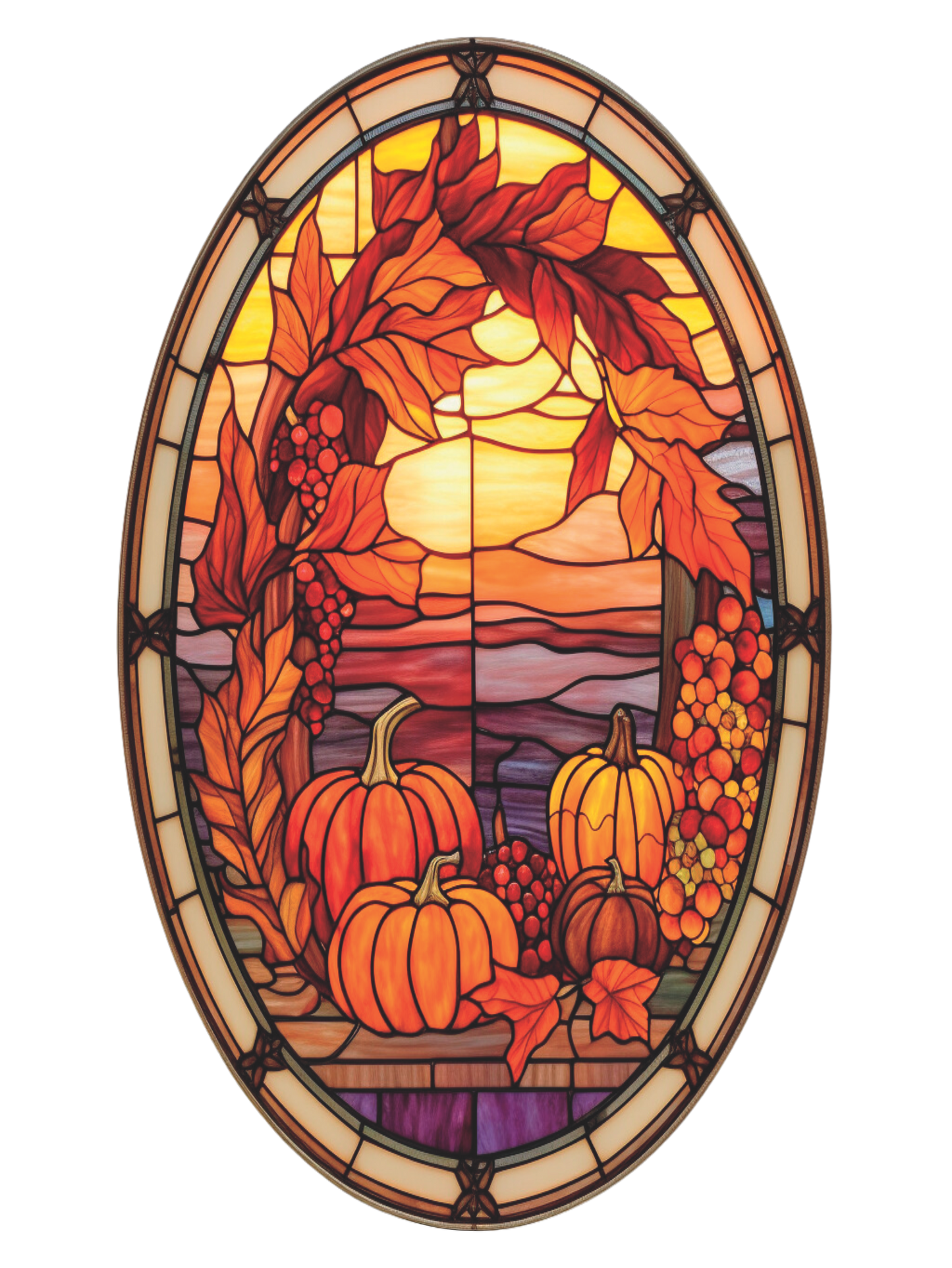 Pumpkins with leaves border faux stained glass Orange and Burgundy Oval Sign